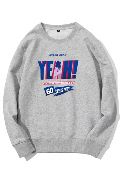 Letter Yeah Printed Long Sleeve Crew Neck Loose Fit Street Pullover Sweatshirt for Guys