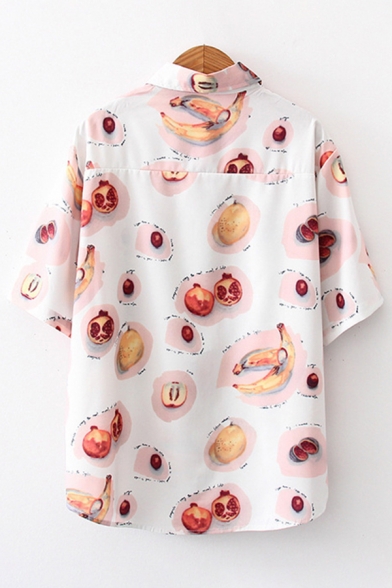 Mixed Cartoon Fruit Graphic Short Sleeve Turn-down Collar Button down Curved Hem Loose Popular Shirt in White