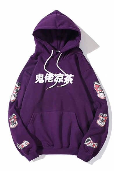 Popular Sherpa Liner Chinese Letter Cartoon Graphic Pouch Pocket Loose Hoodie for Men