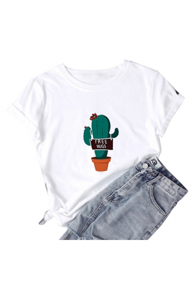 Popular Womens Letter Free Hugs Cactus Graphic Rolled Short Sleeve Crew Neck Slim Fitted T Shirt