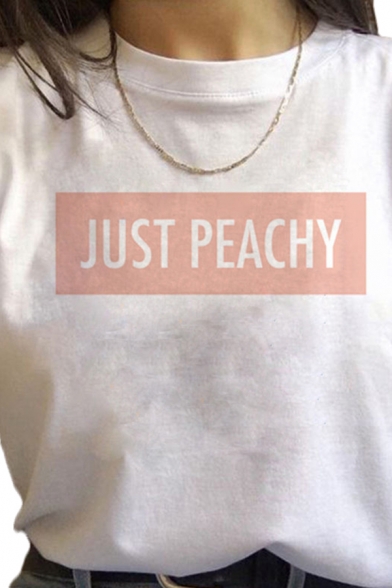 Popular Womens Letter Just Peachy Printed Rolled Short Sleeve Crew Neck Relaxed Fit Tee Top in White