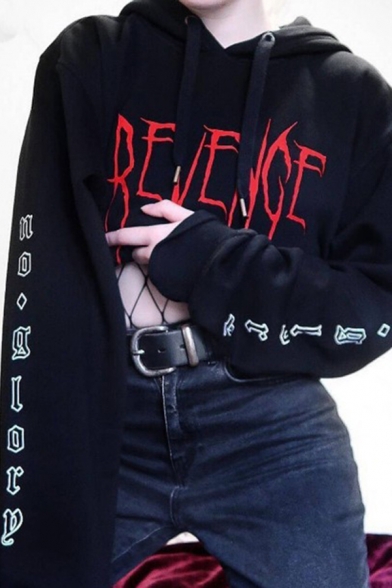 Punk Girls Letter Revenge Printed Long Sleeve Drawstring Relaxed Fit Hoodie in Black