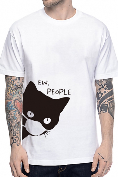 Stylish Letter Ew People Cat Graphic Short Sleeve Crew Neck Loose Fit T Shirt for Ladies