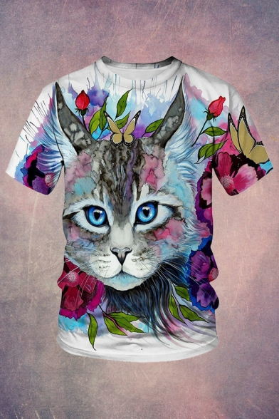 White 3D Colorful Animal Print Short Sleeve Crew Neck Slim Fit Creative T Shirt for Guys