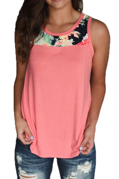 Womens Fashion Floral Printed Round Neck Curved Hem Relaxed Fit Tank Top
