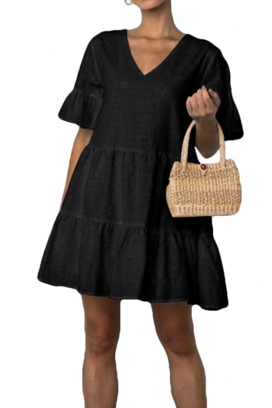 Casual Womens Solid Color Bell Sleeves V-neck Ruffled Trim Short Swing Dress
