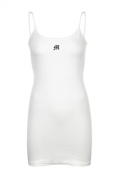 Classic Womens Letter M Embroidered Spaghetti Neck Sleeveless Slip Dress in White