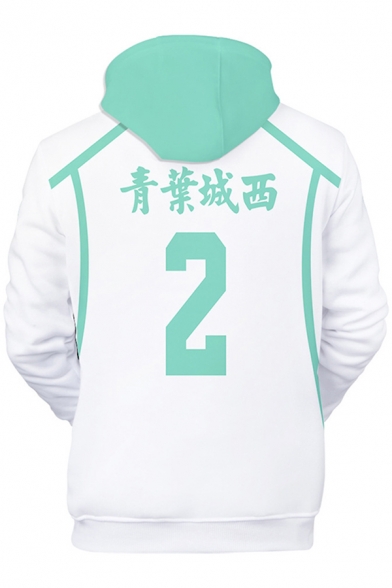 Creative 3D Cosplay Number Print Contrasted Long Sleeve Drawstring Pouch Pocket Relaxed Fit Hoodie in White