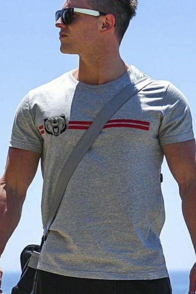 Gray Bear Stripe Pattern Short Sleeve Crew Neck Slim Fitted Muscle Tee for Men