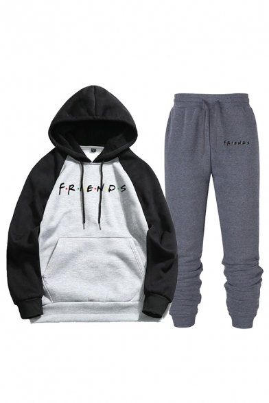 Leisure Letter Friends Printed Contrasted Long Sleeve Drawstring Kangaroo Pocket Loose Hoodie & Ankle Length Relaxed Fit Sweatpants Co-ords