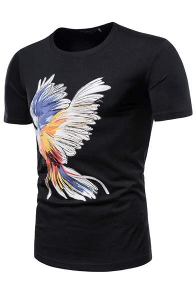 Parrot Printed Short Sleeve Crew Neck Slim Fitted Fashion Tee Top for Guys