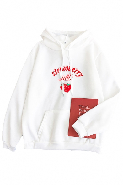 Popular Letter Strawberry Milk Graphic Long Sleeve Drawstring Pouch Pocket Loose Hoodie for Girls