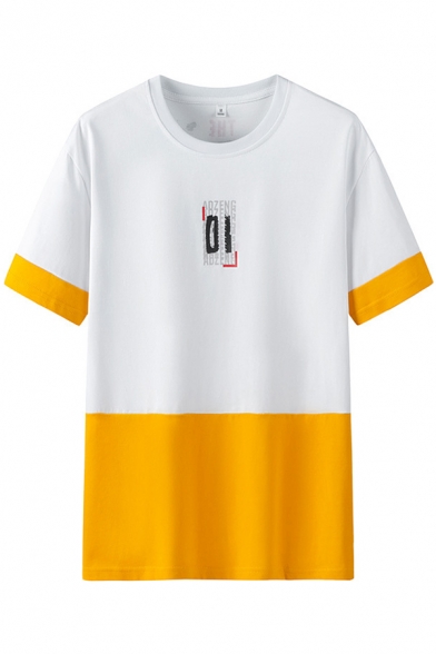 Popular Mens Letter 01 Print Colorblock Short Sleeve Crew Neck Loose T Shirt