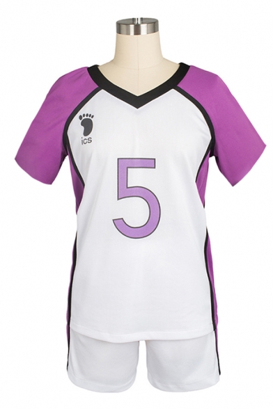 Purple Classic Colorblock Striped Footprint Number 5 Pattern V-neck Short Sleeve Graphic Sport Co-ords