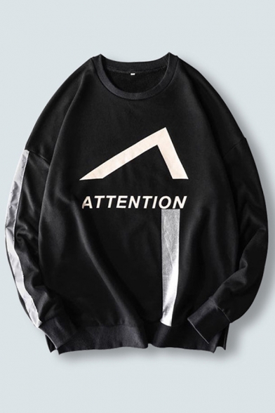 Street Boys Letter Attention Chevron Graphic Tape Panel Long Sleeve Crew Neck Loose Pullover Sweatshirt in Black