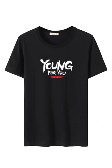 Street Boys Letter Young for You Short Sleeve Round Neck Regular Fitted T Shirt