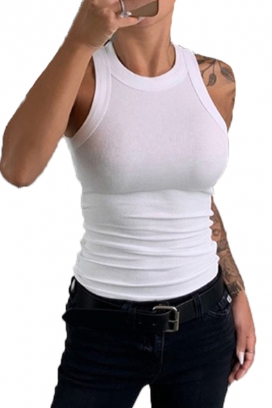 Stylish Solid Color Crew Neck Slim Fitted Tank Top in White
