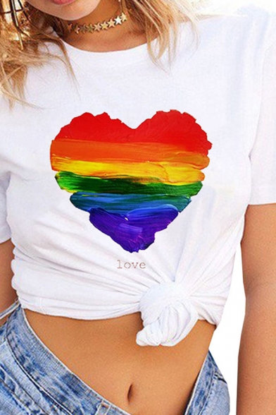 Womens Letter Love Colorful Heart Graphic Short Sleeve Crew Neck Relaxed Trendy T Shirt in White