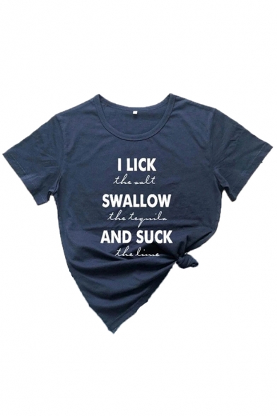 Casual Womens Letter I Lick Swallow And Suck Short Sleeve Crew Neck Regular Fit T-shirt in Navy