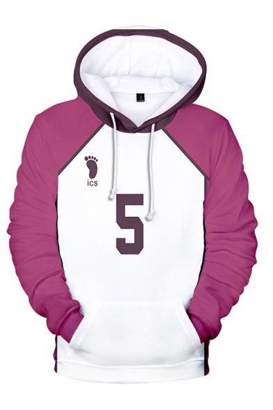 Chic Mens White and Pink Number Footprint Graphic Long Sleeve Drawstring Contrasted Loose Cosplay Hoodie