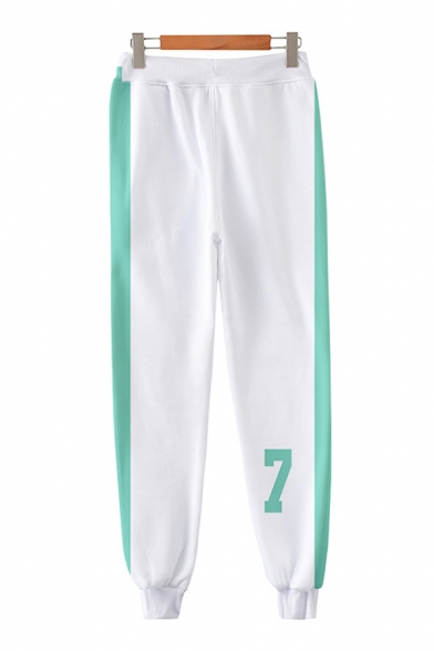 Chic Number Printed Contrasted Drawstring Waist Ankle Length Cuffed Tapered-fit Sweatpants in White