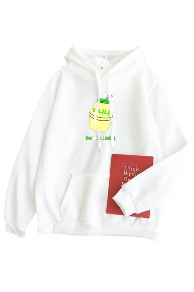 Cool Letter Banana Milk Graphic Long Sleeve Drawstring Pouch Pocket Relaxed Hoodie for Girls