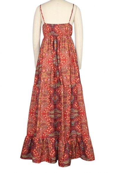 Ethnic Ladies Allover Flower Printed V-neck Long Pleated A-line Cami Dress in Orange