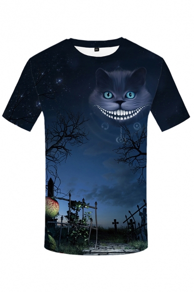 Fashionable Mens Cartoon Cat 3D Printed Short Sleeve Crew Neck Slim Fit T Shirt in Dark Blue