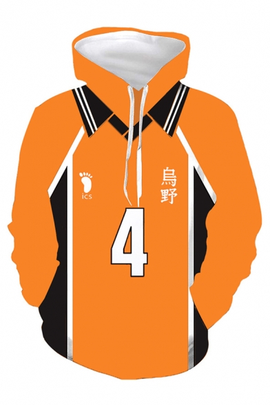 Fashionable Mens Number 4 Footprint Graphic Contrasted Long Sleeve Drawstring Loose Orange Hoodie with Pocket