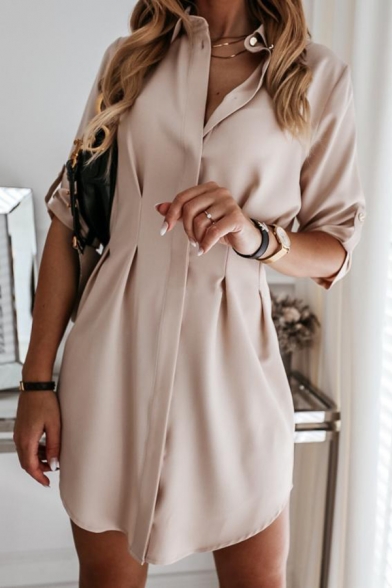 Formal Womens Solid Color Rolled Half Sleeves Turn down Collar Gathered Waist Button up Pleated Relaxed Long Shirt Top