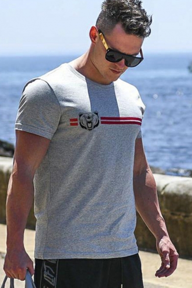 Gray Bear Stripe Pattern Short Sleeve Crew Neck Slim Fitted Muscle Tee for Men