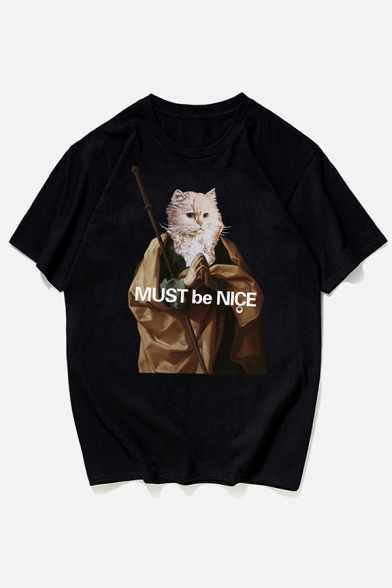 Korean Style Boys Letter Must Be Nice Cat Graphic Short Sleeve Crew Neck Loose Fit T-shirt