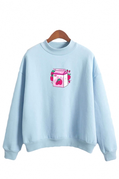 Ladies Strawberry Milk Printed Long Sleeve Mock Neck Relaxed Fit Fashionable Pullover Sweatshirt