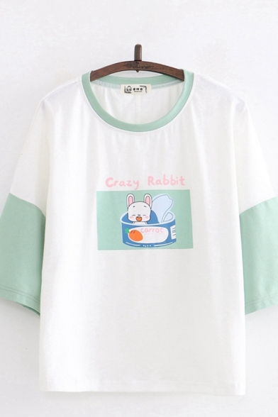 Letter Crazy Rabbit Cartoon Rabbit Graphic Contrasted 3/4 Sleeves Crew Neck Loose Leisure T Shirt for Women