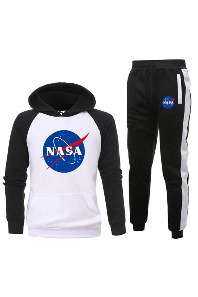 Mens Trendy Letter Nasa Printed Contrasted Long Sleeve Kangaroo Pocket Fit Hoodie & Ankle Cuffed Relaxed Sweatpants Set