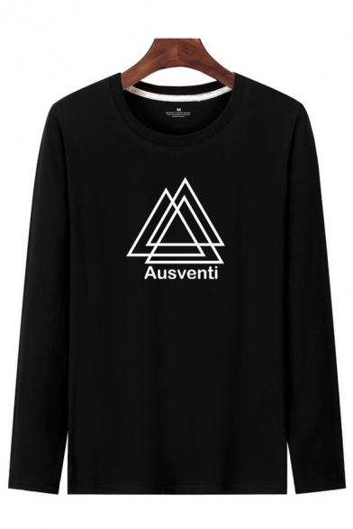 Popular Mens Letter Ausventi Triangle Graphic Long Sleeve Round Neck Loose T Shirt