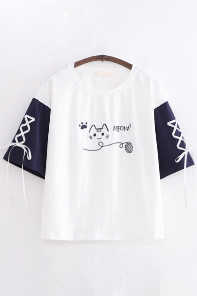 Preppy Girls Letter Meow Cat Embroidered Lace-up Contrasted Half Sleeves Round Neck Relaxed Fit T-shirt