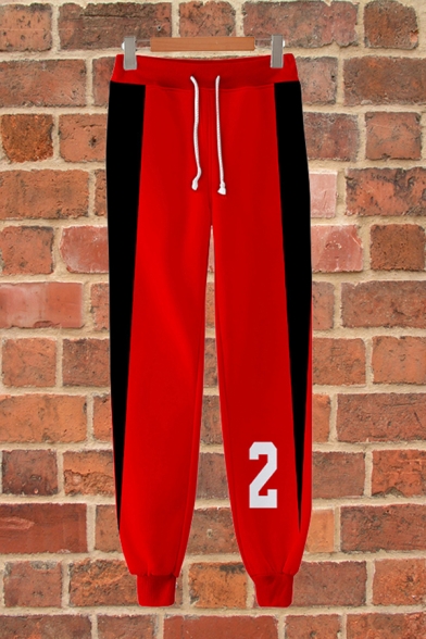 Sportswear Drawstring Waist Number Pattern Contrasted Cuffed Ankle Carrot Fit Sweatpants for Men