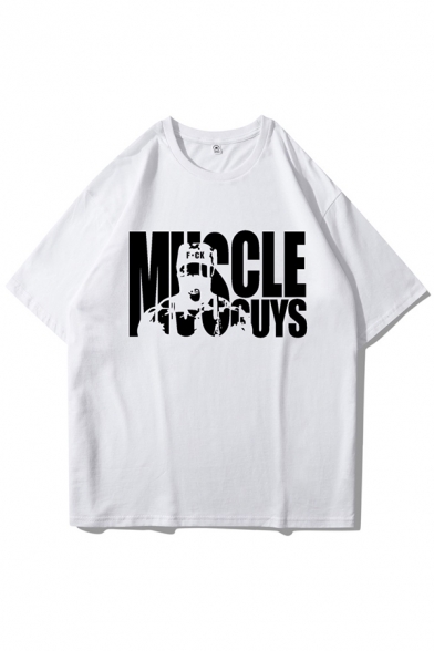 Stylish Guys Letter Muscle Short Sleeve Crew Neck Oversize T Shirt
