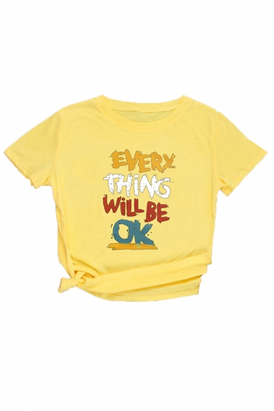 Stylish Womens Letter Every Thing Will Be Ok Printed Short Sleeve Crew Neck Regular Fit T Shirt