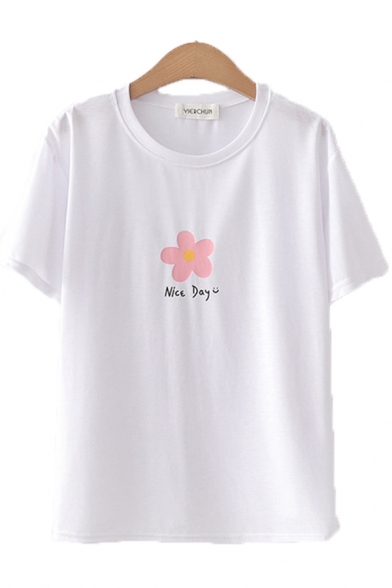 Stylish Womens Letter Nice Day Flower Graphic Short Sleeve Round Neck Loose Fit Tee Top