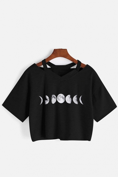 Stylish Womens Moon Pattern Short Sleeve Cold Shoulder Relaxed Fit T Shirt in Black