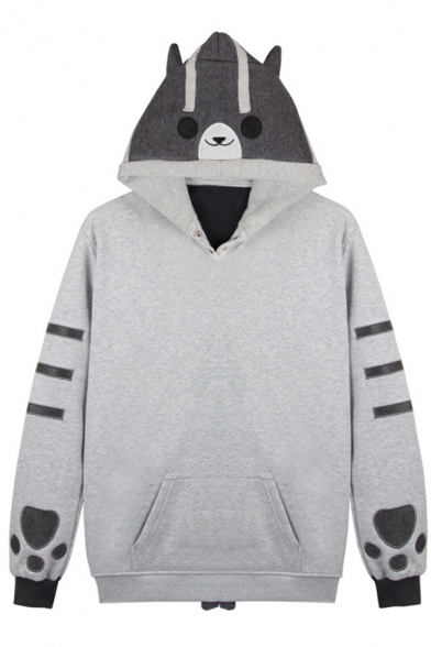 Thick Lovely Cat Paw Patterned Long Sleeve Button up Kangaroo Pocket Relaxed Hoodie for Women