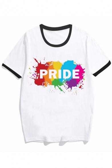 Trendy Girls Letter Pride Colorful Stripe Graphic Short Sleeve Crew Neck Loose Ringer T Shirt in White