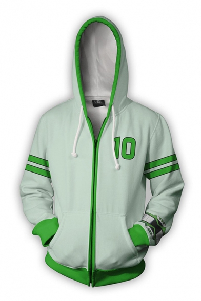 Trendy Green Number 10 Stripe Printed Long Sleeve Drawstring Zip up Relaxed Hoodie for Men