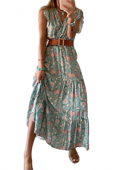 Trendy Ladies All over Flower Printed Ruffled Sleeveless Surplice Neck Maxi Pleated A-line Dress in Green