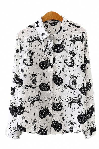 Allover Cartoon Cat Printed Long Sleeve Turn-down Collar Button up Relaxed Fit Chic Shirt for Girls