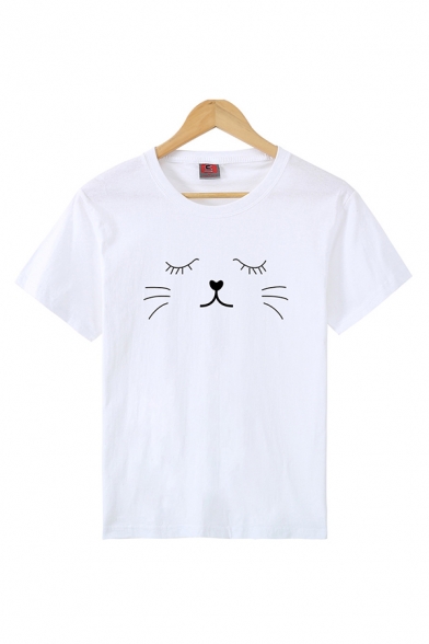 Basic Cartoon Cat Printed Short Sleeve Crew Neck Regular Fit Tee Top for Girls