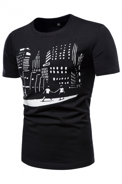 Black Cartoon Printed Short Sleeve Round Neck Slim Fitted Stylish T-shirt for Men