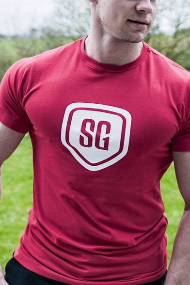 Bodybuilding Letter SG Print Short Sleeve Crew Neck Fitted Tee for Men